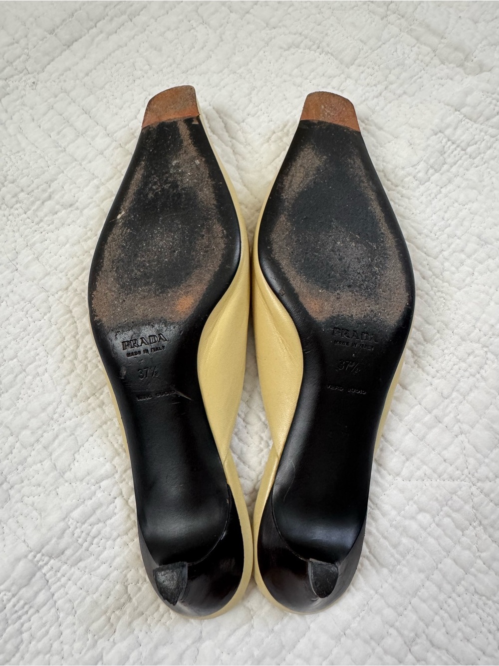 Prada Leather Yellow Low-Heel Mules with Gold Eyelet Accents, Size 37.5/US 7.5 - Picture 10 of 12